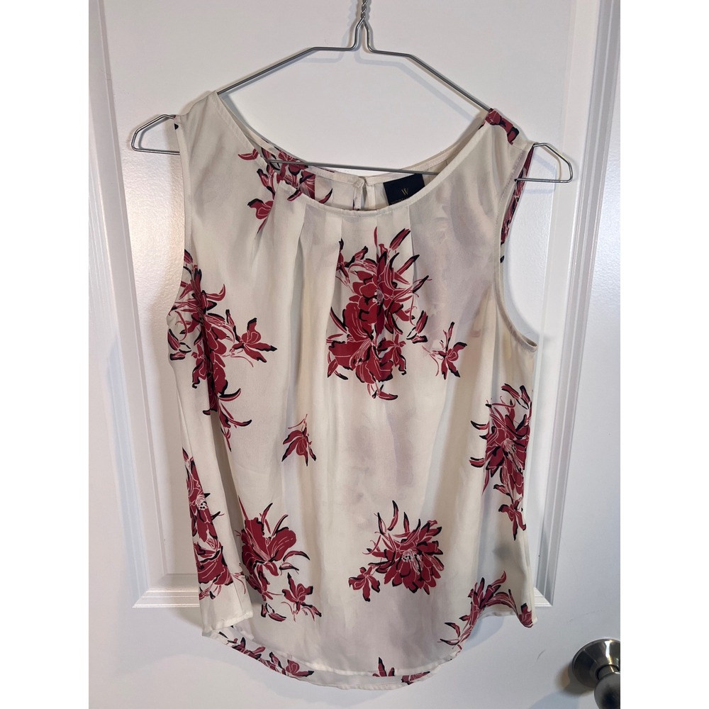 Worthington Womens‎ Blouse Floral Pleated Neckline Cream Red PS